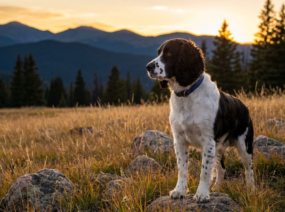 A springer spaniel standing in a golden mountain meadow at sunset